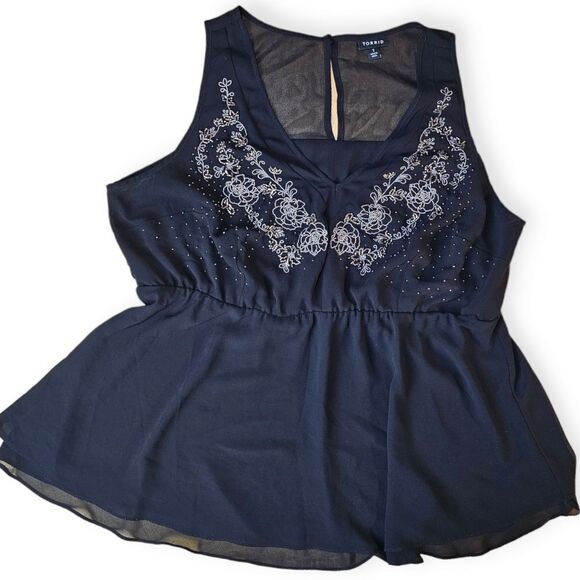 Torrid Black Chiffon Embellished Double Layer Peplum Tank Blouse 1x - Picture 3 of 11